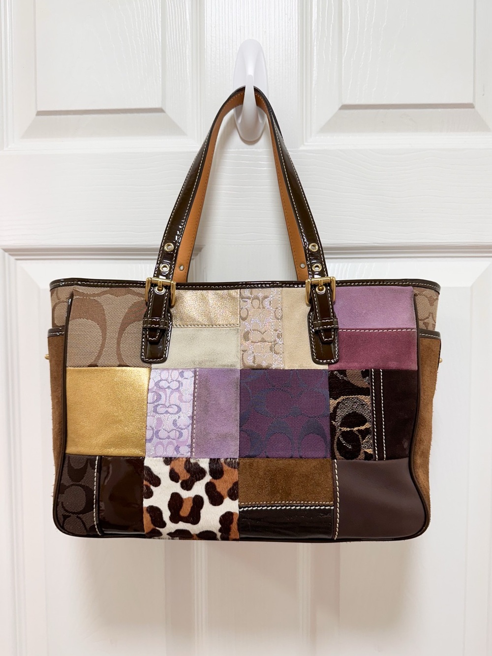 Coach Holiday Patchwork Tote Haircalf Suede Y2K Bag - Picture 5 of 17